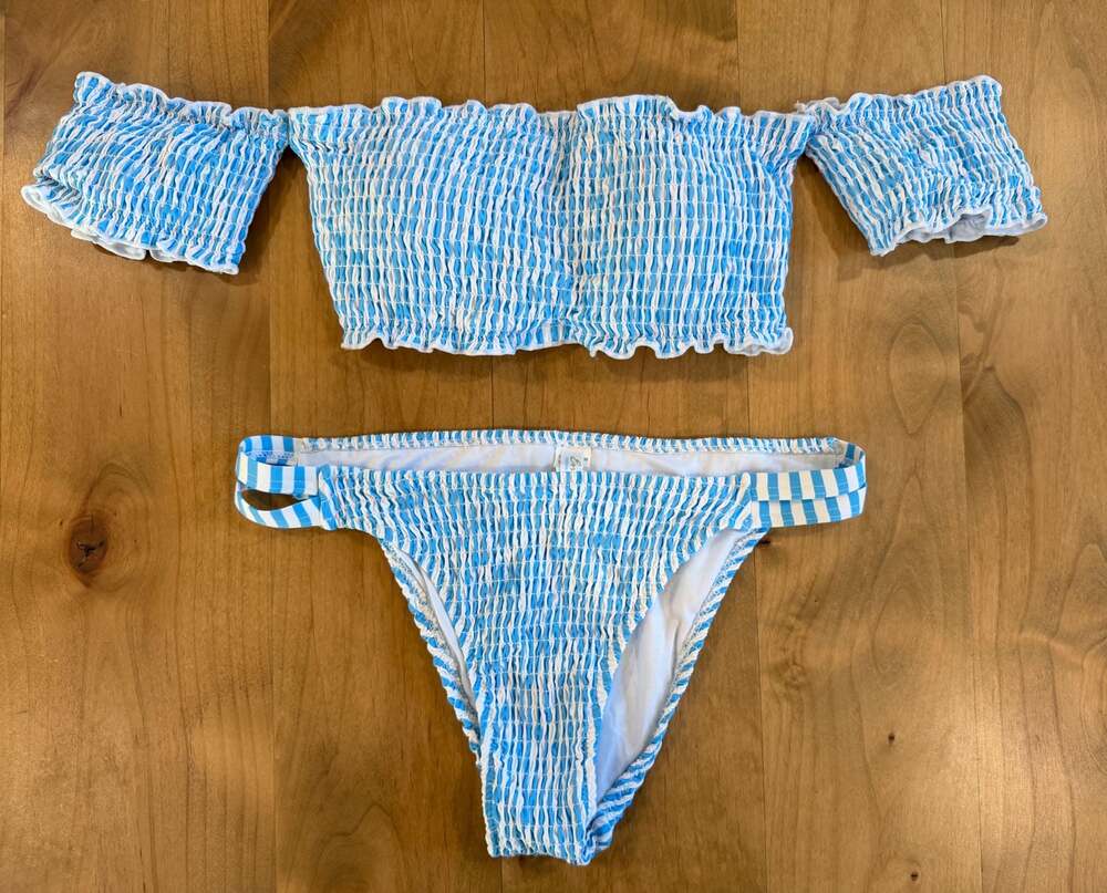 Envya Swimwear Blue and White Striped Smocked Off-Shoulder Bikini Sz M